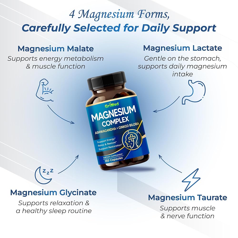 GriMed Magnesium Complex with Ashwagandha & Ginkgo Biloba - 150 Capsules - image 3