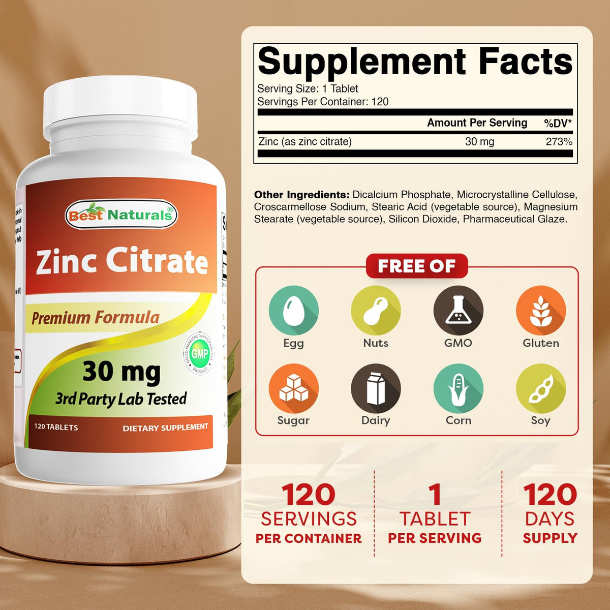 Best Naturals Zinc 30mg Immune Support - 120 Tablets - image 2