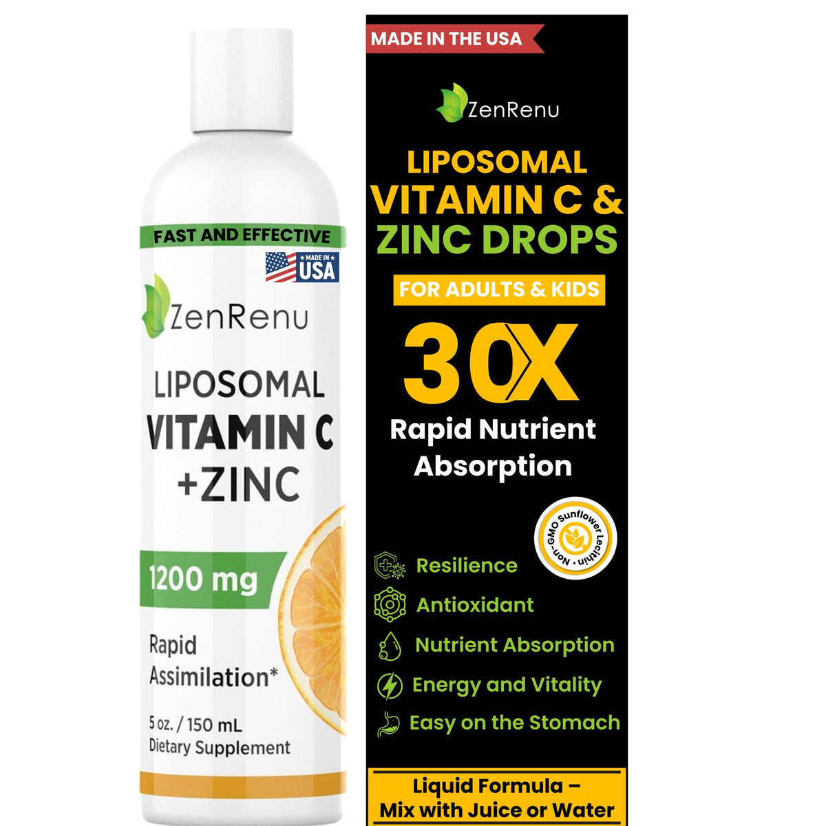 Zenrenu Liposomal Vitamin C and Zinc Liquid Immune Support - 5 oz
