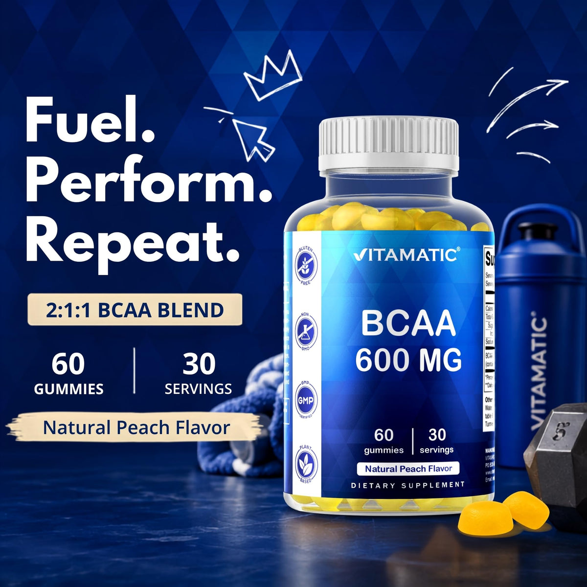 Vitamatic BCAA Gummies - Branch Chain Amino Acid Supplements - Peach