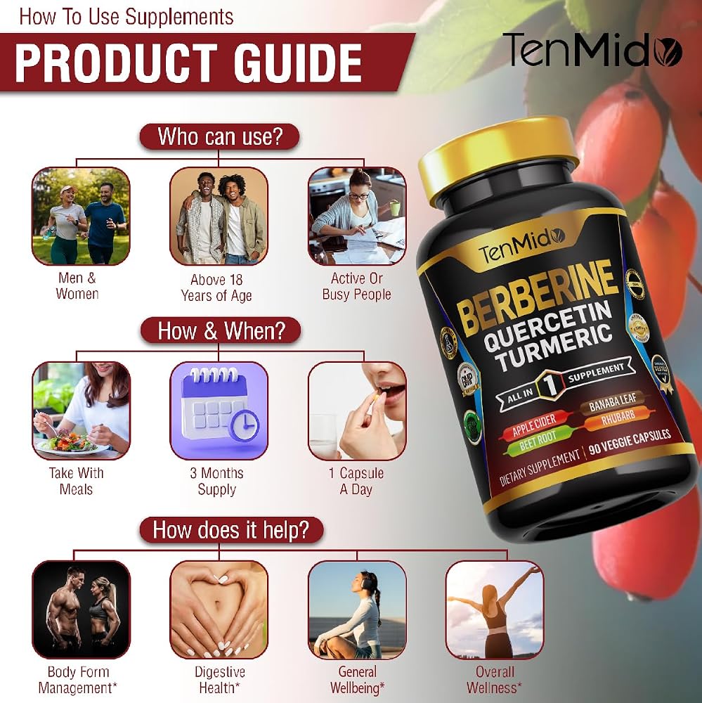 Tenmido Berberine Supplement 8-in-1 Formula - 90 Capsules - image 6