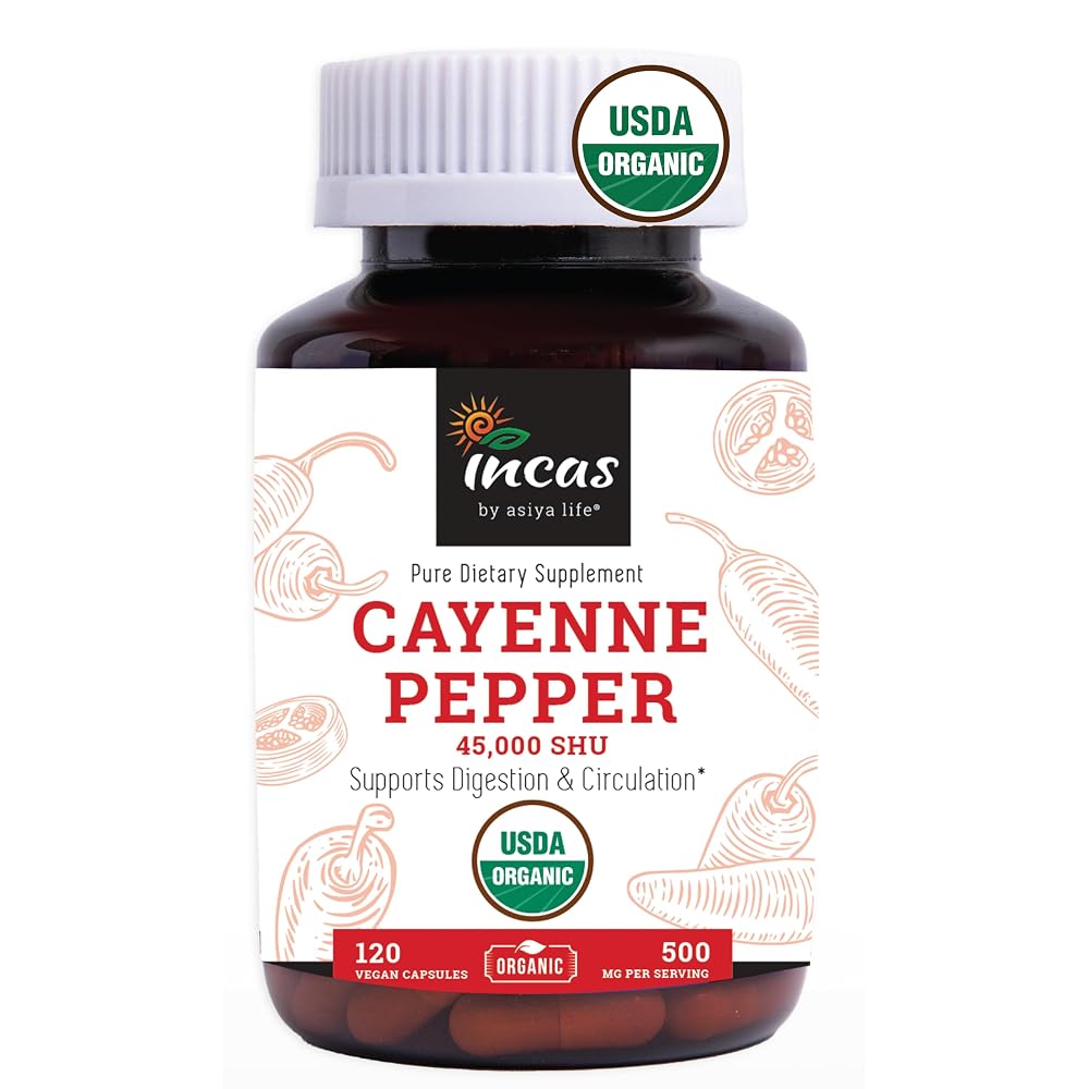 Incas USDA Organic Cayenne Pepper Capsules 500mg - 120 Count