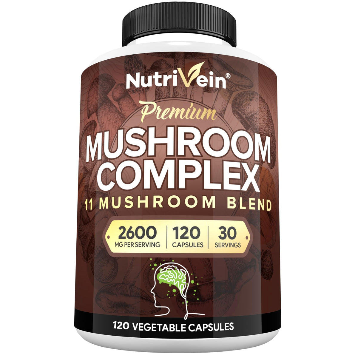 Nutrivein Premium Nootropic Mushroom Supplement 2600 mg - 120 Capsules
