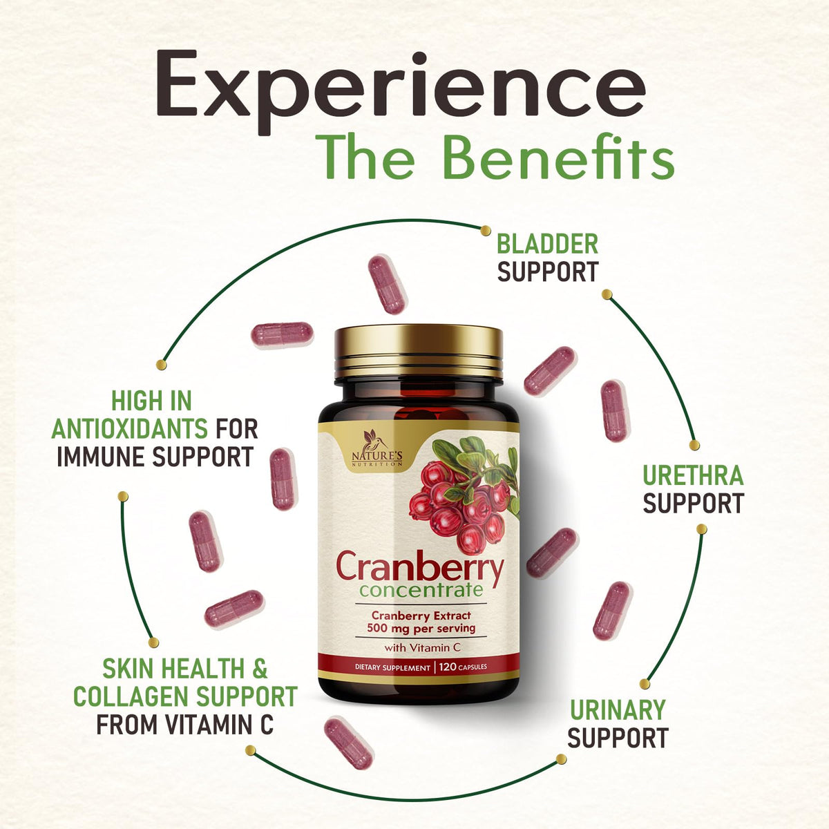 Nature's Nutrition Cranberry Pills Supplement 500mg Per Serving