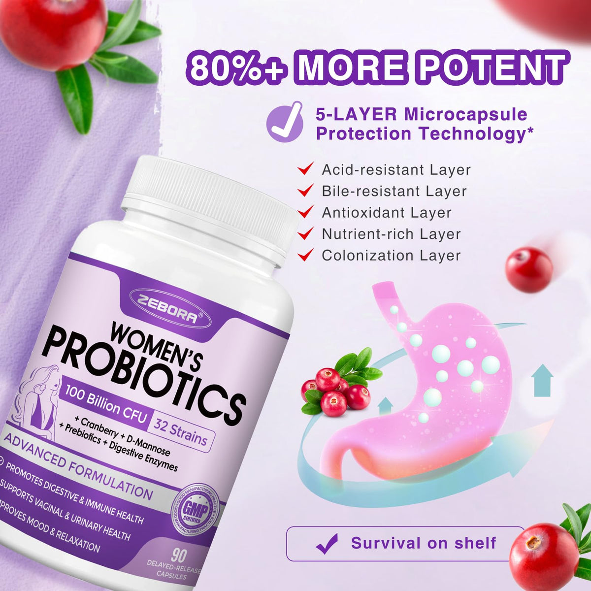 ZEBORA Probiotics for Women 100B CFUs Digestive & Gut Health - 90 Capsules - image 5