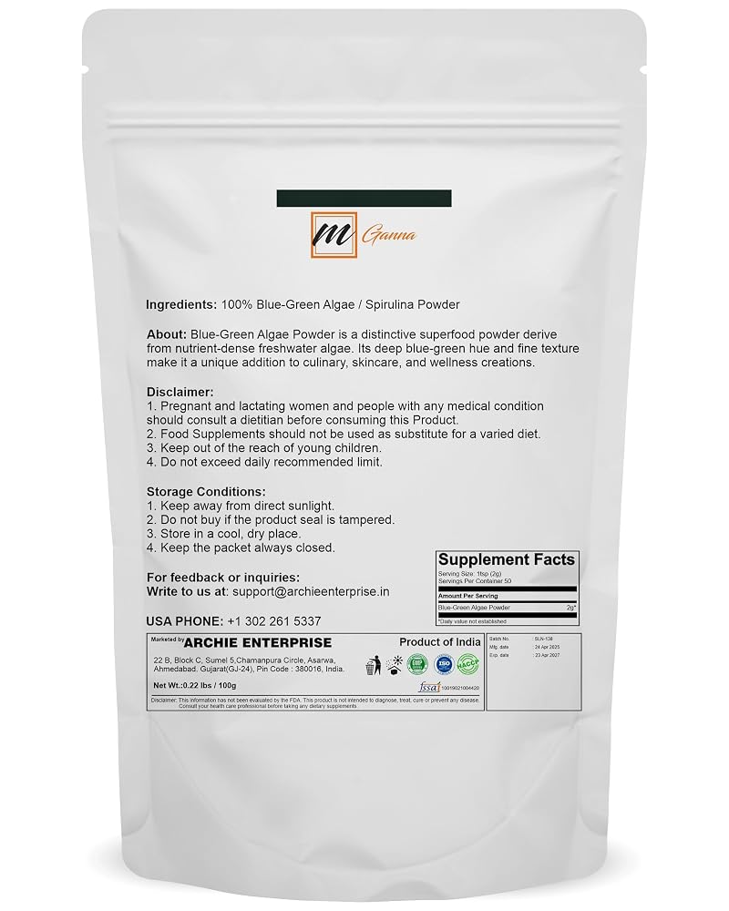mGanna 100% Spirulina Powder Blue Green Algae - 100 g - image 2