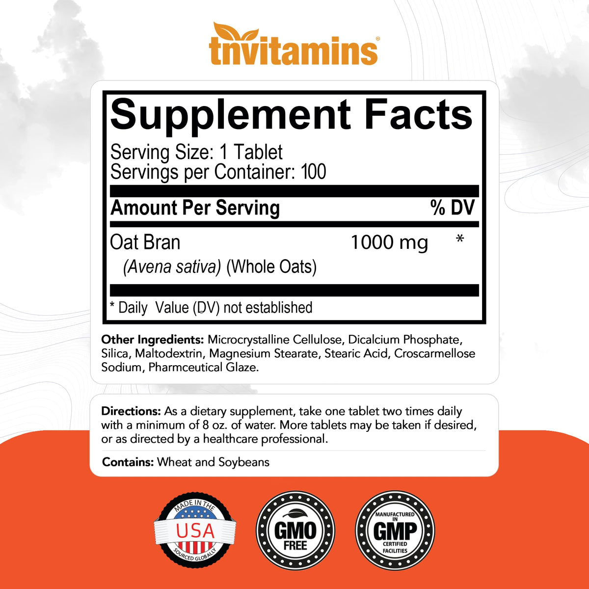 tnvitamins Oat Bran Tablets Digestive Fiber - 100 Tablets - image 2