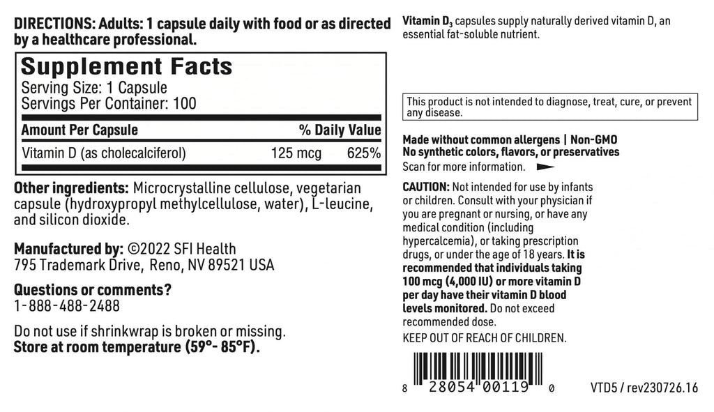 SFI Health Klaire Labs Vitamin D3 5000 IU - 100 Capsules - image 5