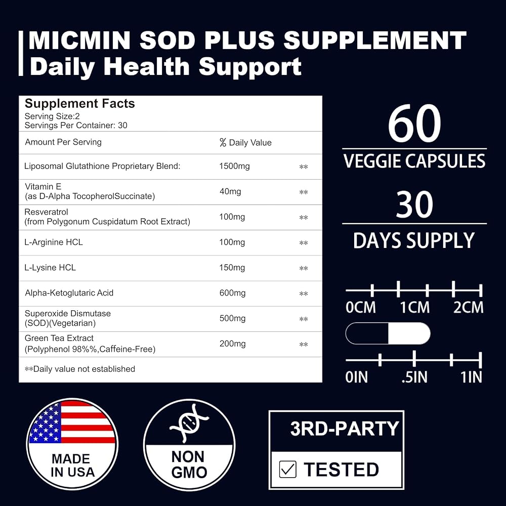 NICMIN Superoxide Dismutase SOD 500mg Antioxidant - 60 Capsules - image 2