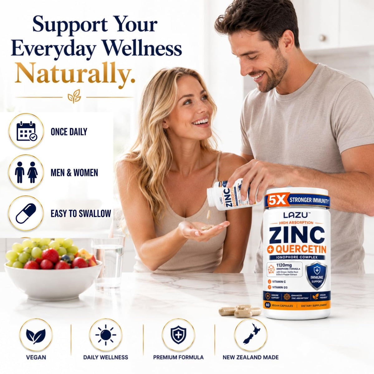 LAZU Zinc Quercetin Supplement with Vitamin C & D3 - 60 Capsules - image 5