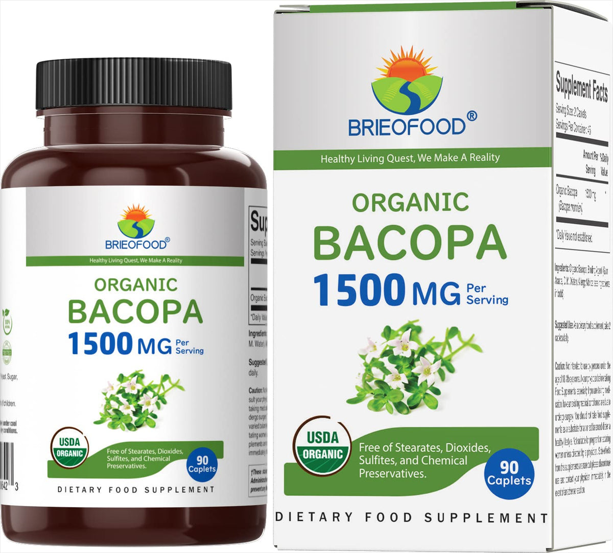 Brieofood Organic Bacopa 1500mg - 90 Vegetarian Tablets