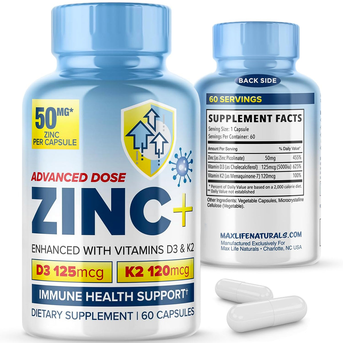 MaxLife Naturals Zinc Picolinate 50mg with D3 and K2 - 60 Capsules