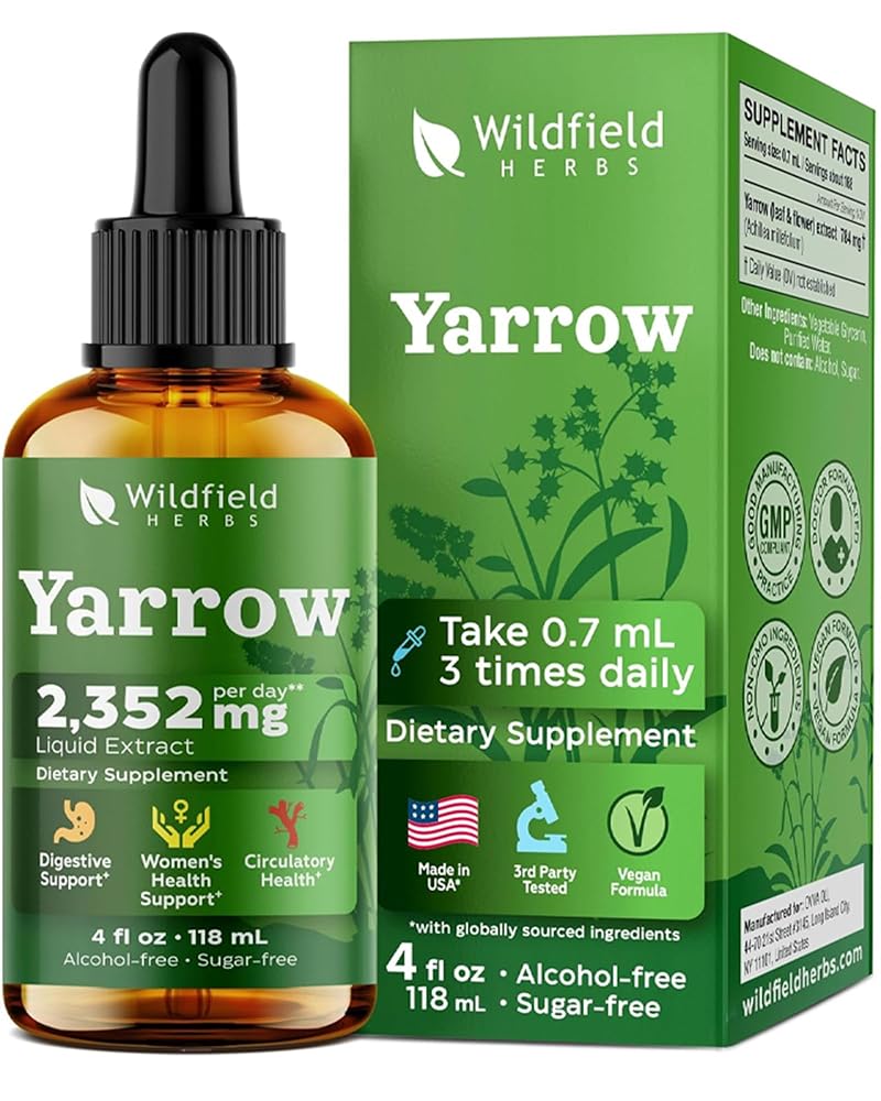 WILDFIELD HERBS 4 Oz Yarrow Extract Liquid Drops - Women’s Wellness & Digestive Support | 2 Month Supply | - Made in USA - Yarrow Herb Supplement - Alcohol & Sugar Free