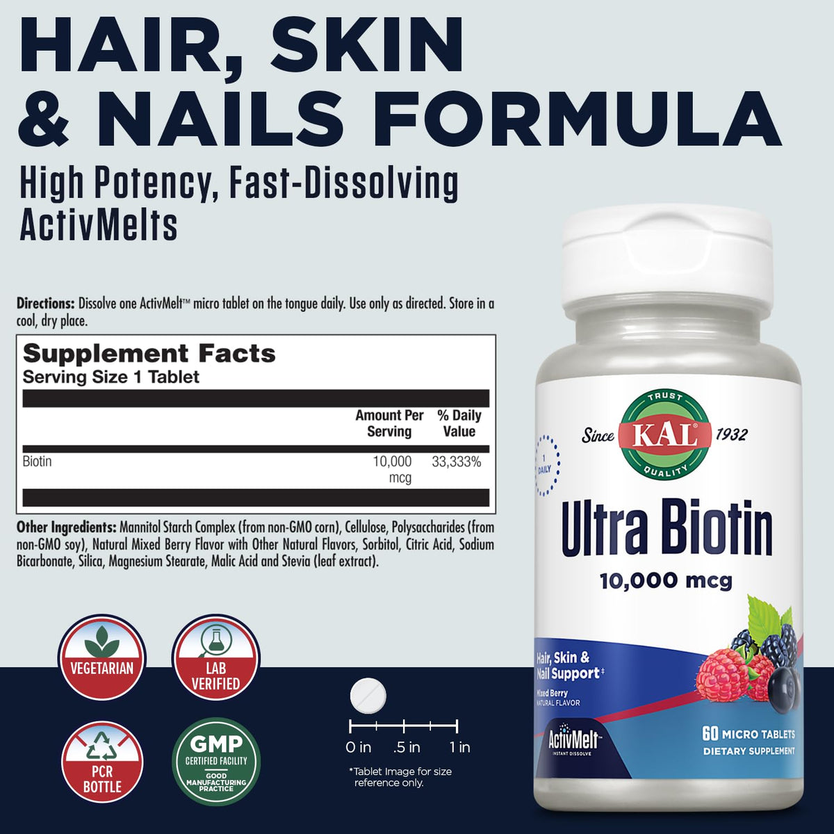 KAL Ultra Biotin 10000mcg for Hair, Skin & Nails - 60 Tablets - image 2