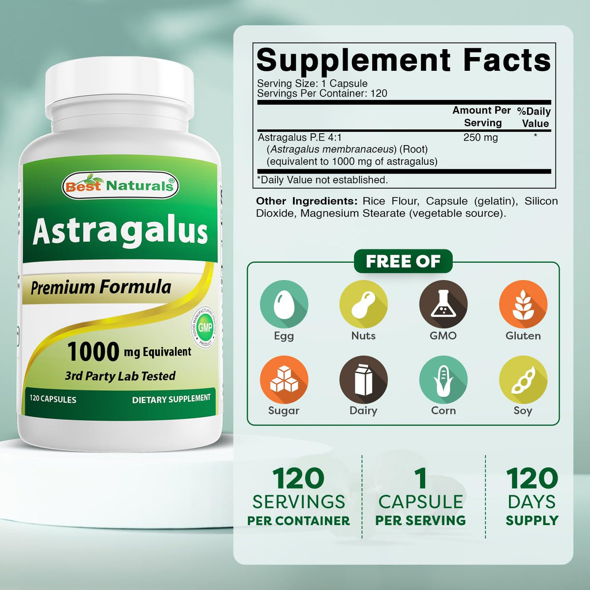 Best Naturals Astragalus 1000 mg Immune Support - 360 Capsules - image 2