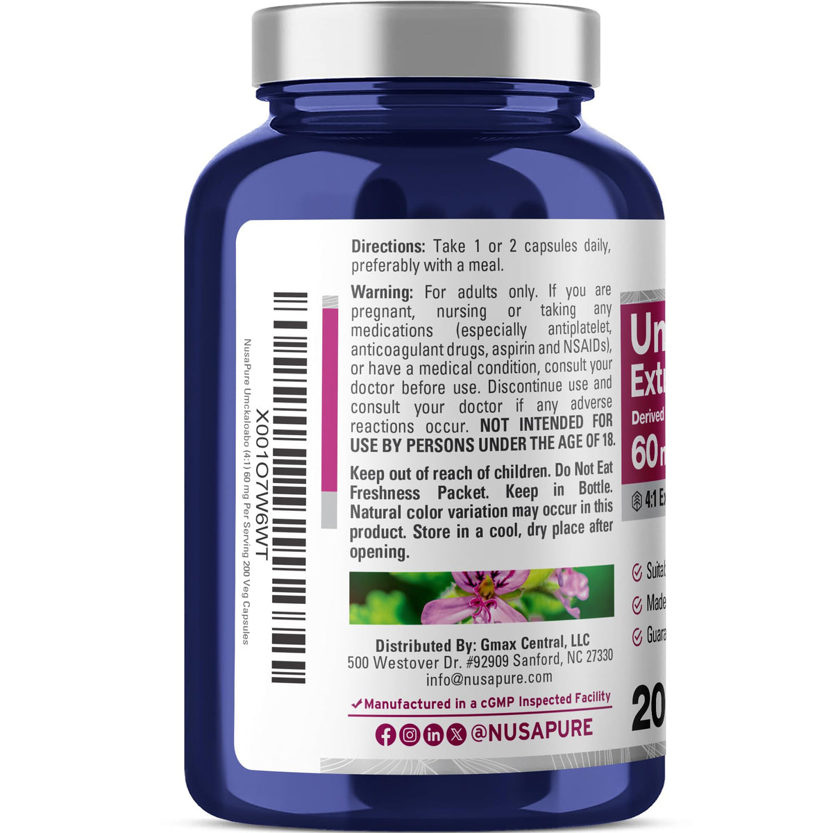 NusaPure Umckaloabo 60mg Vegan - 200 Vegetarian Capsules - image 3