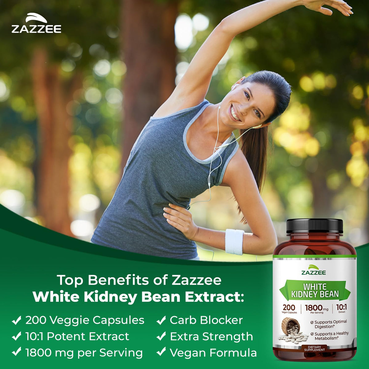 Zazzee White Kidney Bean 10:1 Extract 1800 mg - 200 Capsules - image 3