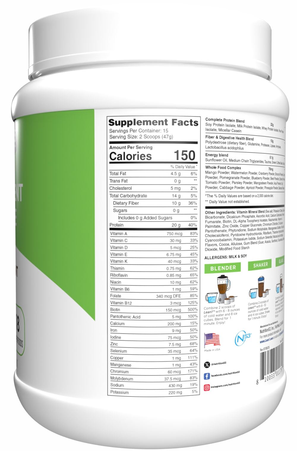 LEAN1 Chocolate Mint Meal Replacement Protein Powder - 15 Servings - image 2