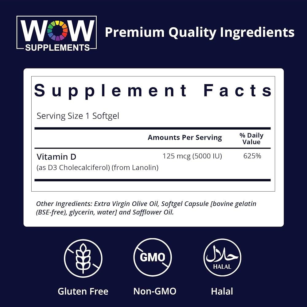 WOW Supplements Vitamin D3 5000 IU Softgels - 120 Count - image 2