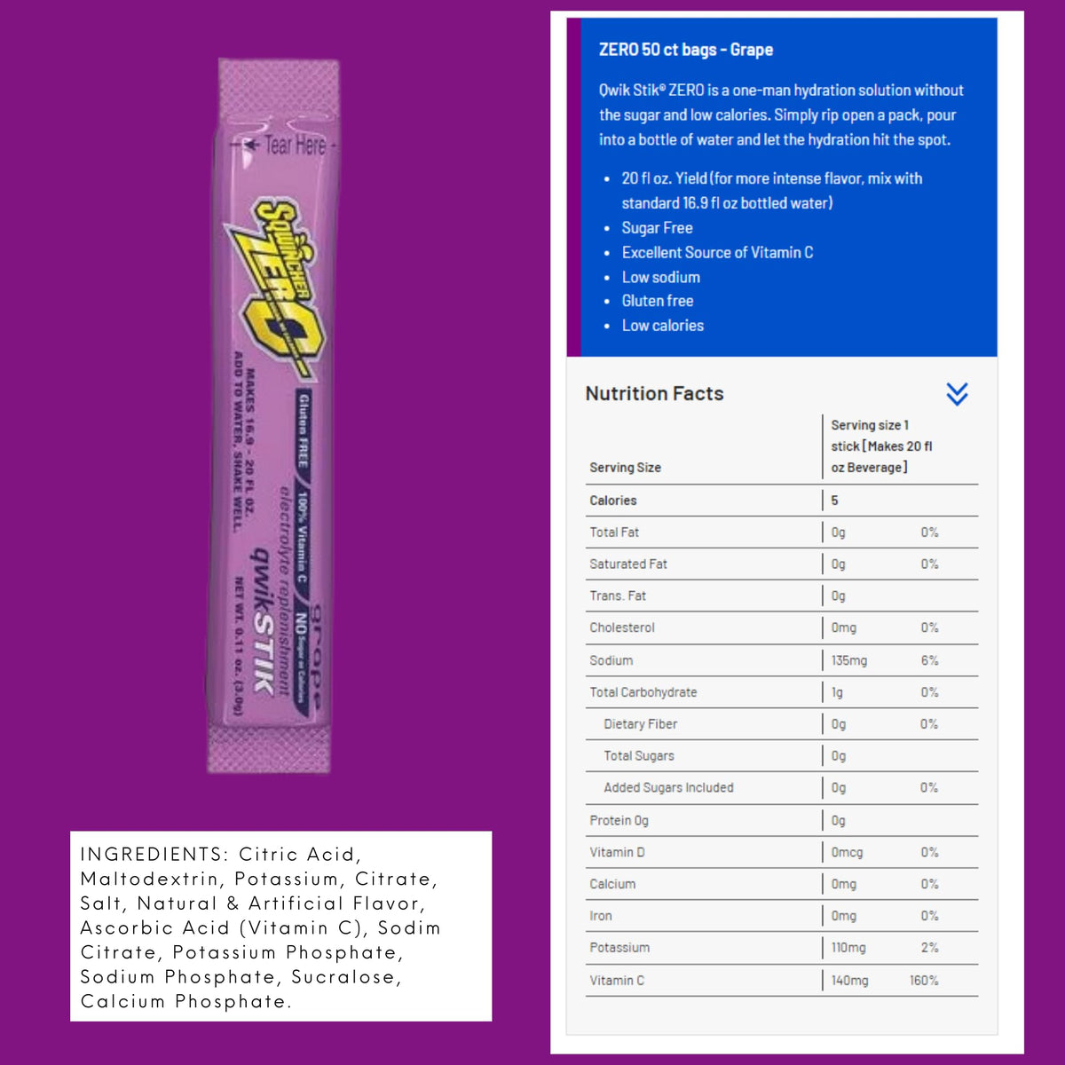 Sqwincher Zero Single Serve Qwik Stik Zero, 50 Sticks/Bag