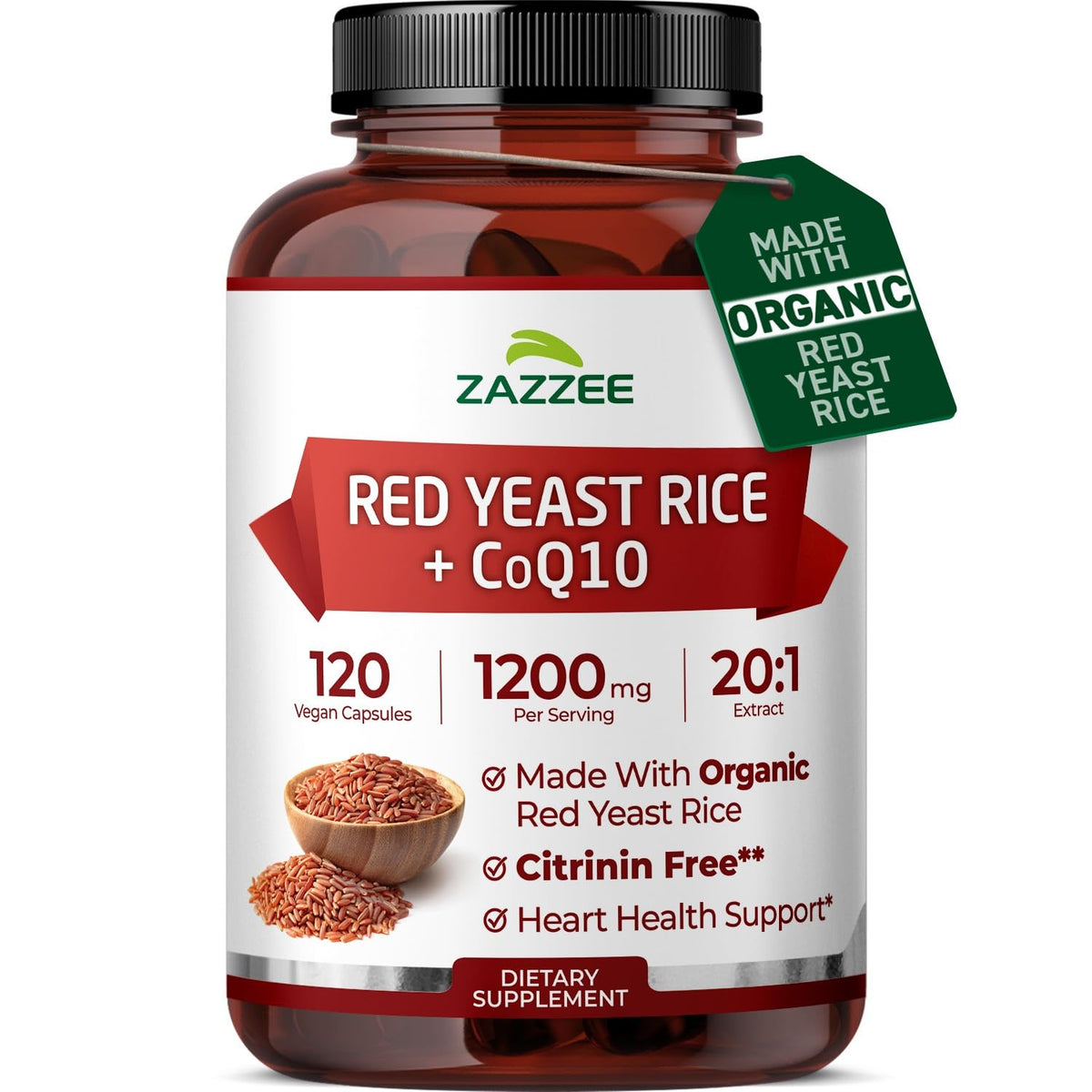Zazzee Organic Red Yeast Rice 20:1 Extract with CoQ10 - 120 Capsules