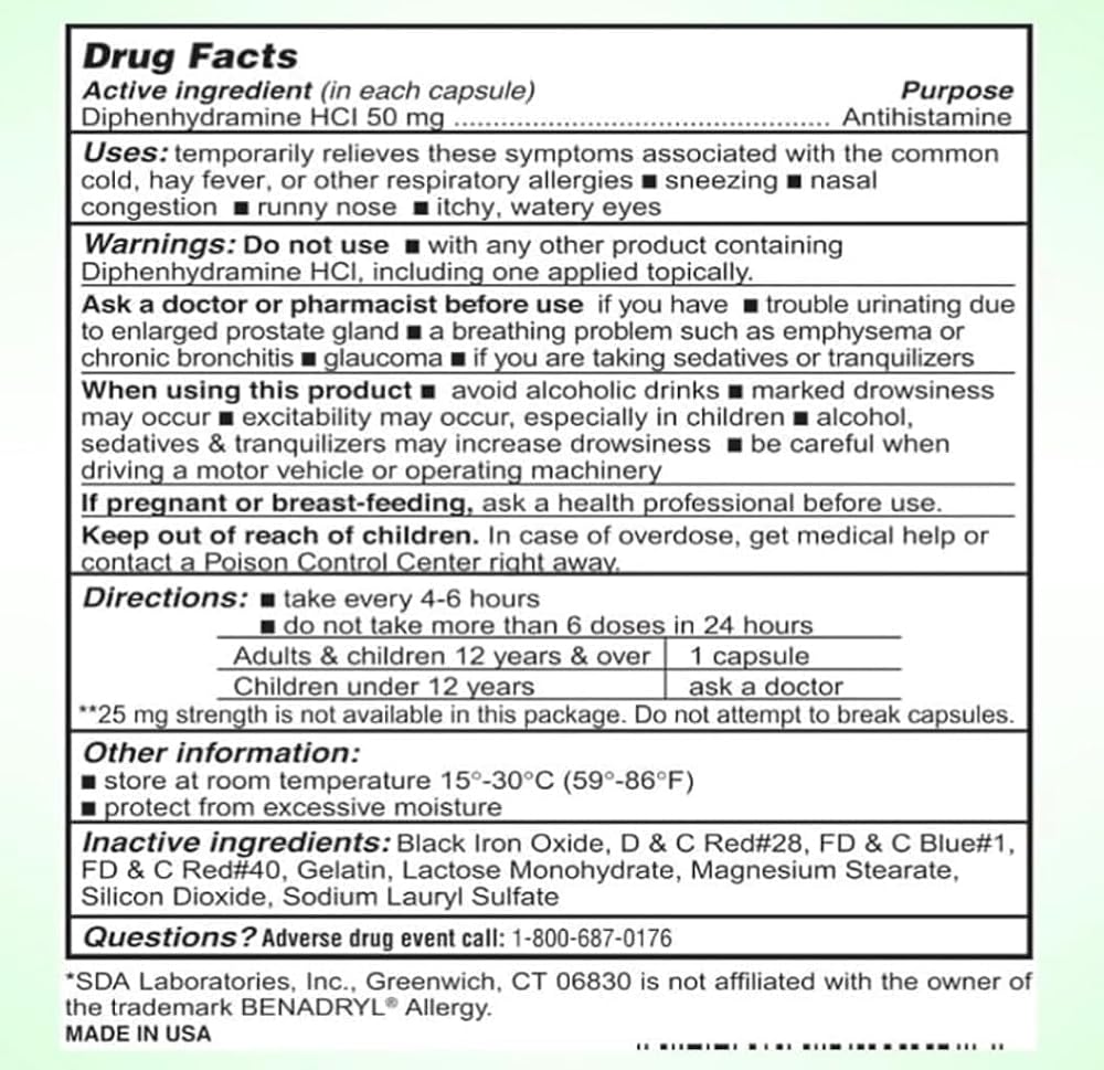 SDA LABORATORIES Diphenhydramine HCl 50mg Capsules - 1000 Count - image 7