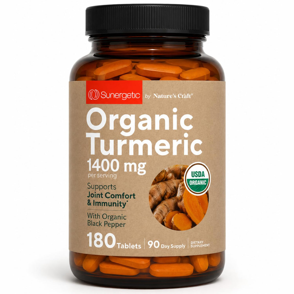 Sunergetic USDA Organic Turmeric Supplement Joint Support - 180 Tablets