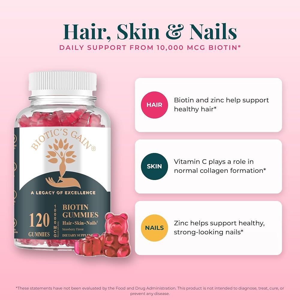 Biotic's Gain Biotin Gummies 10000mcg Hair Skin Nails - 120 Count - image 3