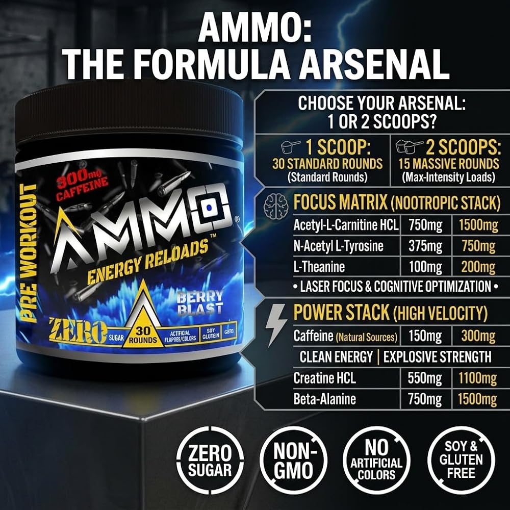 AMMO® Energy Reloads™ Pre Workout Powder - 300mg Caffeine Zero Sugar