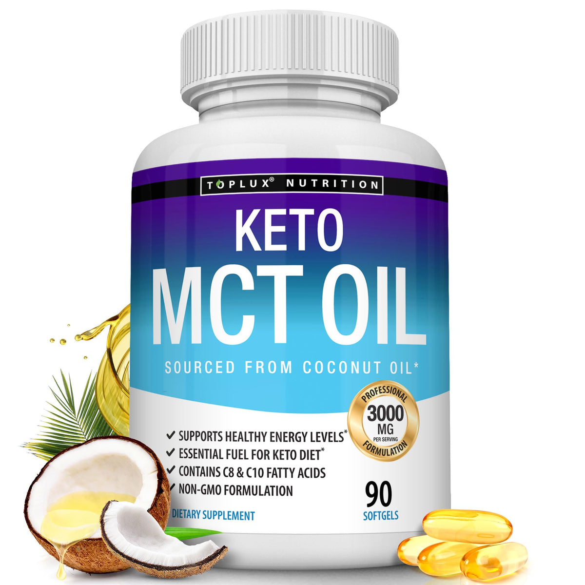 Toplux Keto MCT Oil Capsules - 3000mg Natural Pure Coconut Oil