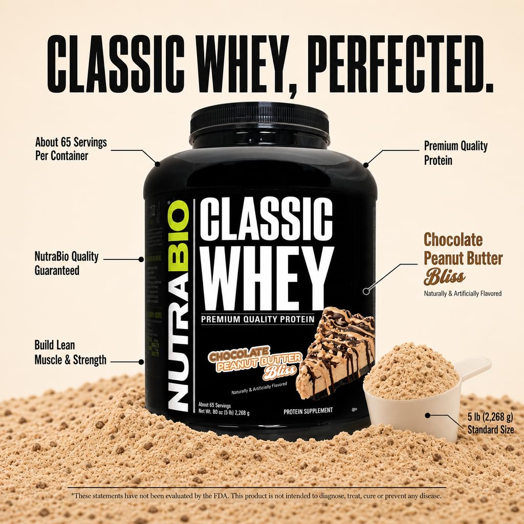 NutraBio Classic Whey Protein Powder Supplement - 25g of Protein Per