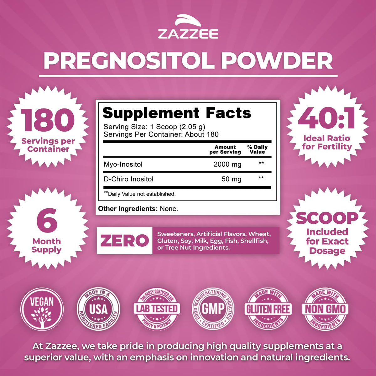 Zazzee PREGNOSITOL Powder Myo-Inositol & D-Chiro Inositol - 180 Servings - image 2