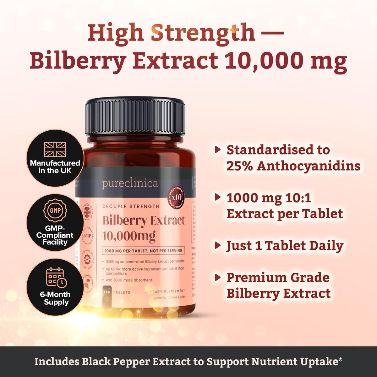 pureclinica Bilberry Extract 1000mg High Strength - 180 Tablets - image 3