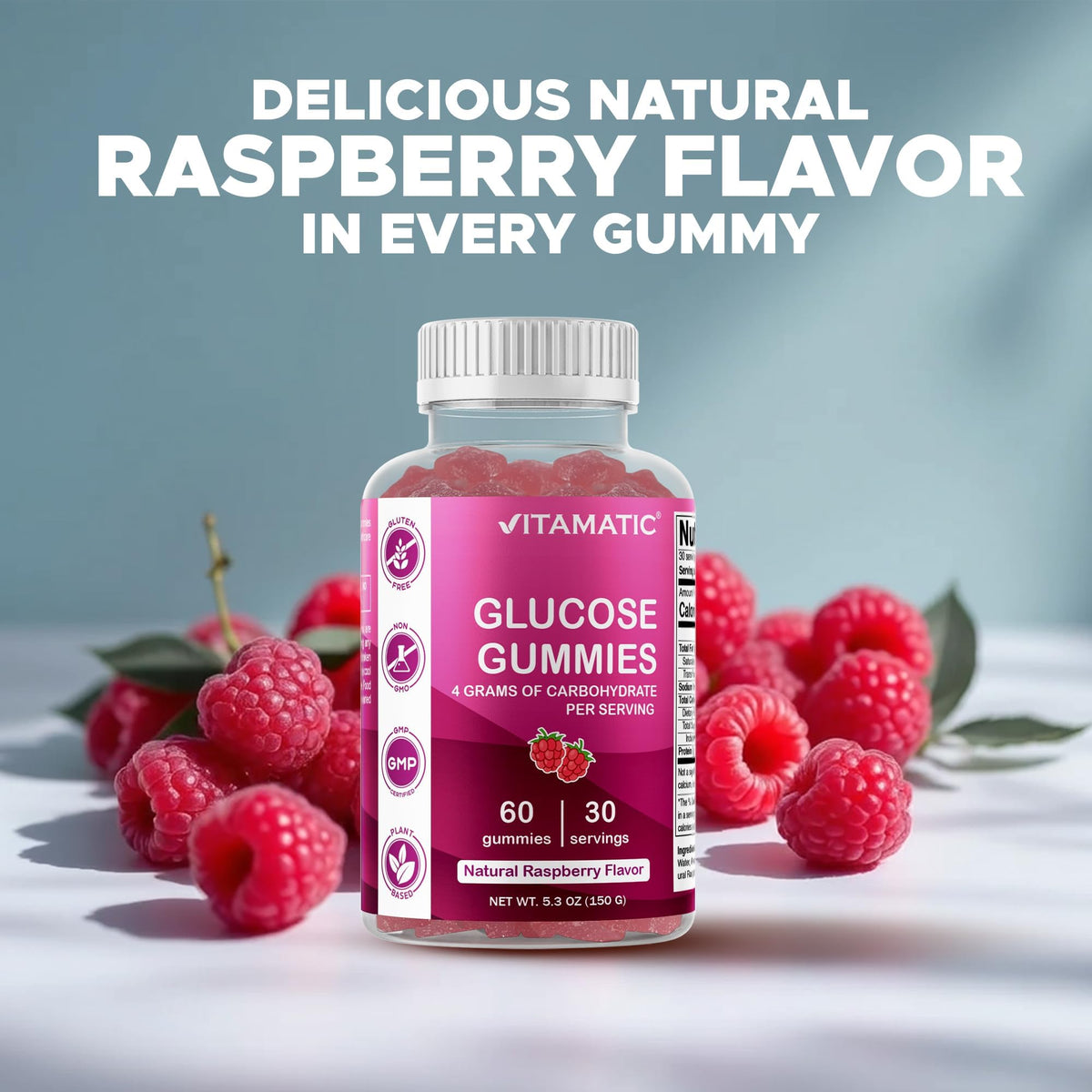 Vitamatic Glucose chewable Gummies - 60 Count - Natural Raspberry