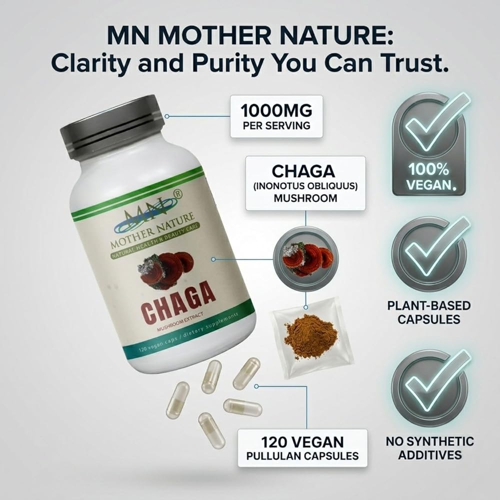 MN Mother Nature Chaga Mushroom Extract 1000mg - 120 Vegan Capsules - image 3