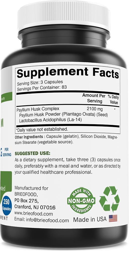 Brieofood Psyllium Husk Fiber with Acidophilus - 250 Capsules - image 8