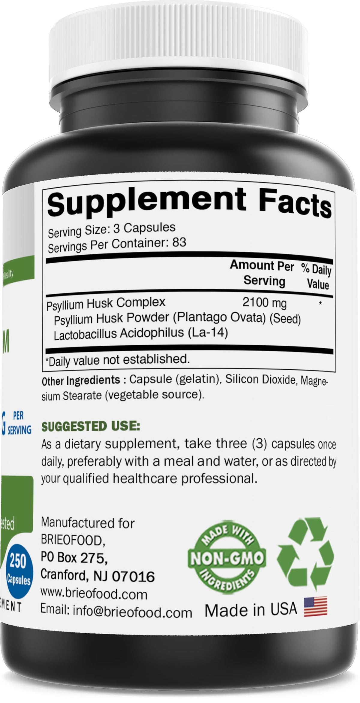 Brieofood Psyllium Husk Fiber with Acidophilus - 250 Capsules - image 8
