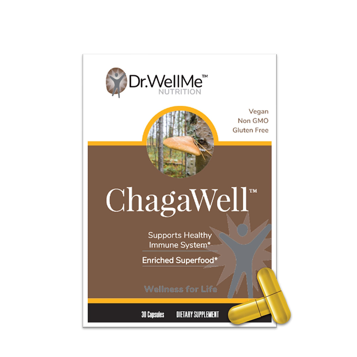 DR WELLME NUTRITION ChagaWell 500mg Chaga Mushroom - 30 Vegan Capsules