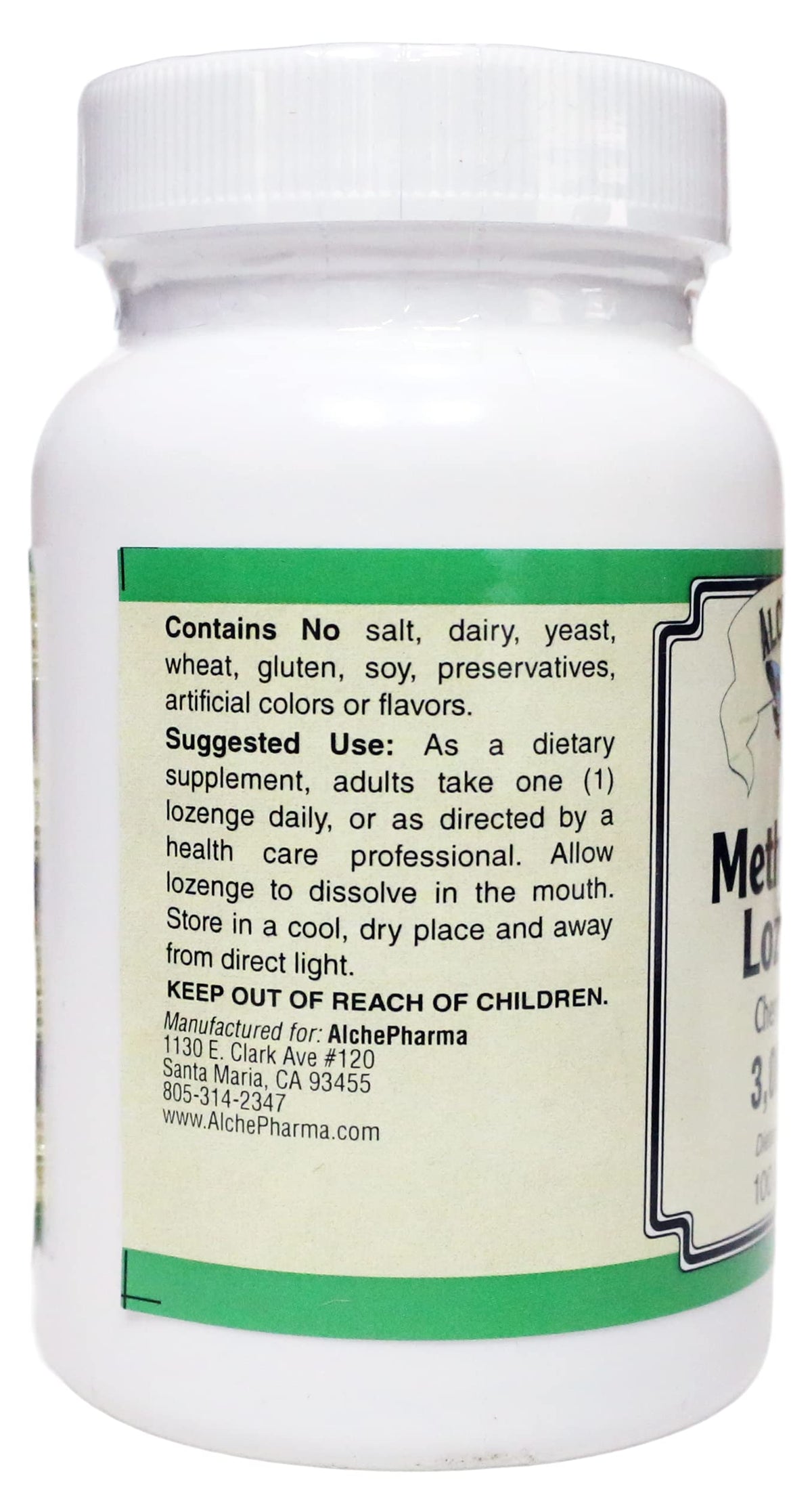 AlchePharma Methyl B-12, 3,000mcg w/Folic Acid Biotin and B-6 Lozenges