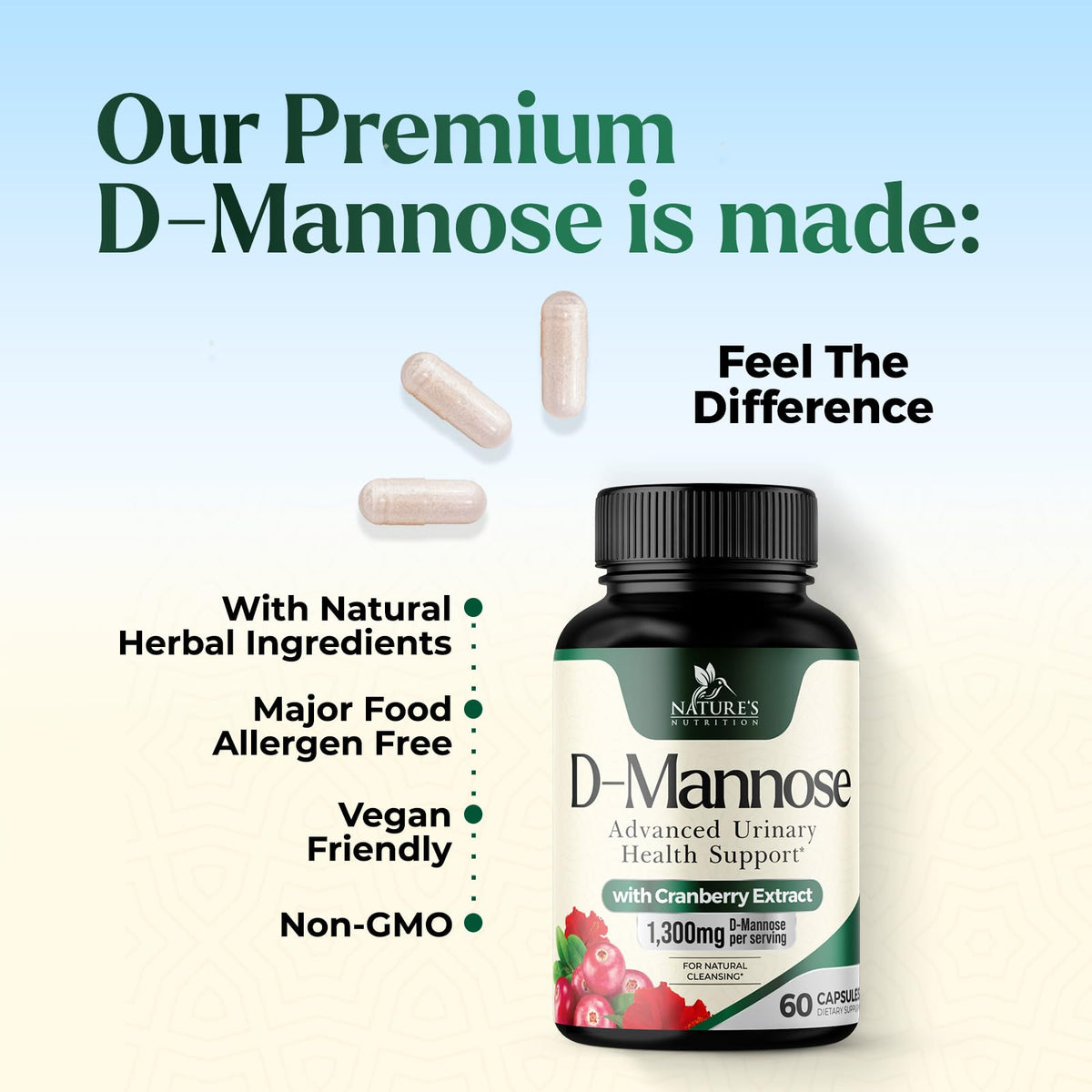 Nature's Nutrition D-Mannose 1000mg Per Serving - Cranberry