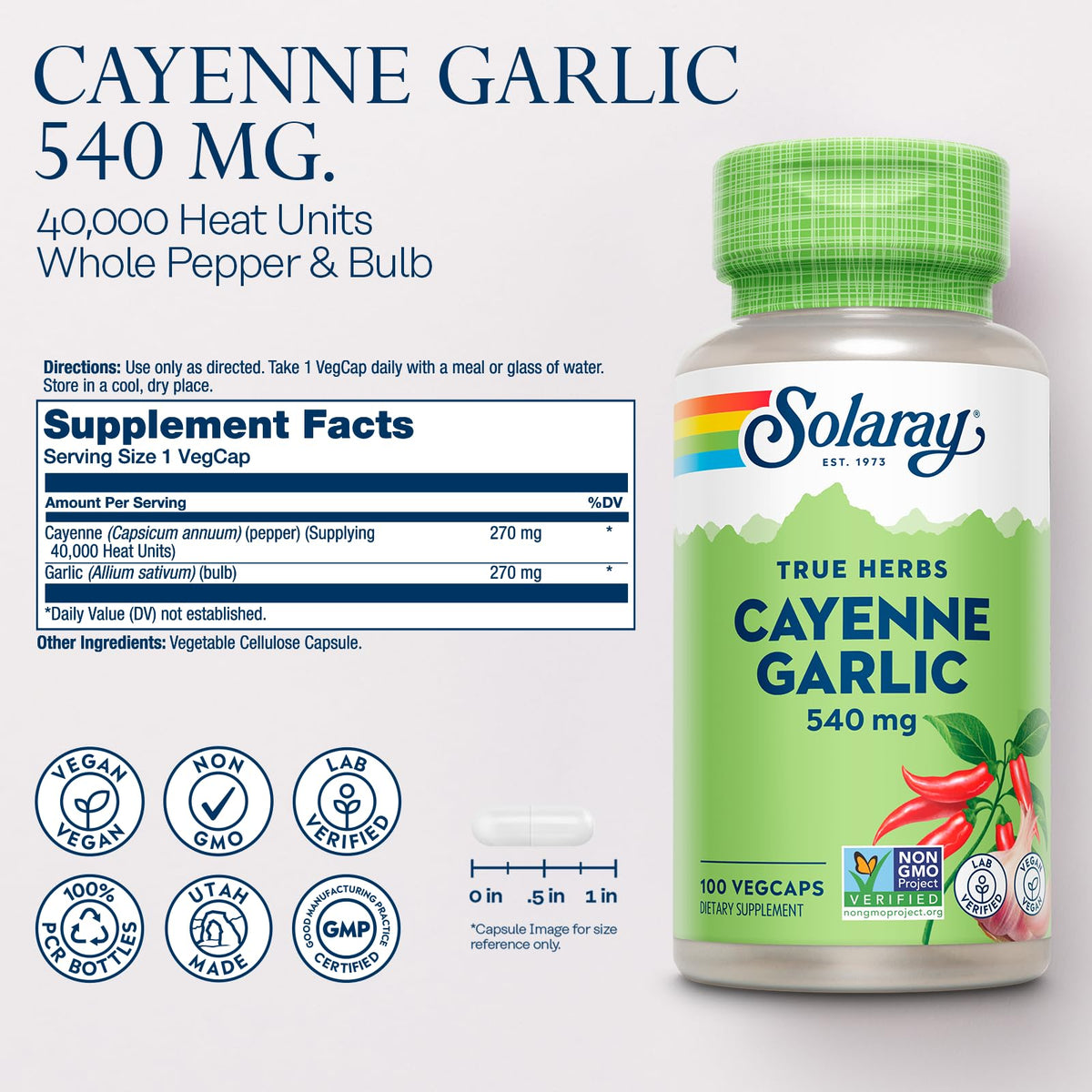 SOLARAY Cayenne Garlic 540 mg Supplement - 100 Vegetarian Capsules - image 2