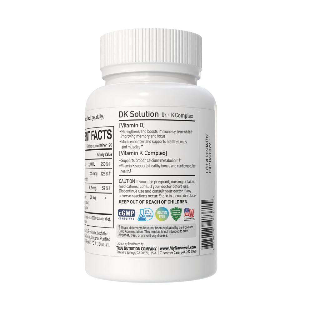 NANOWELL Vitamin D3 with K2 Softgels, 120 Count, 2000 IU 50 mcg