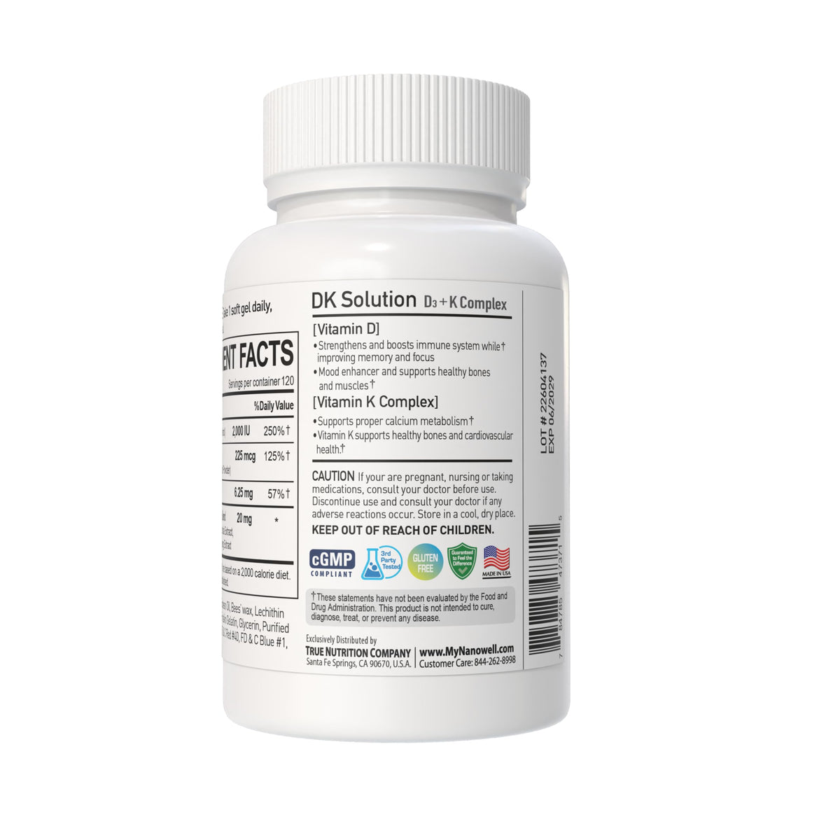 NANOWELL Vitamin D3 with K2 Softgels, 120 Count, 2000 IU 50 mcg