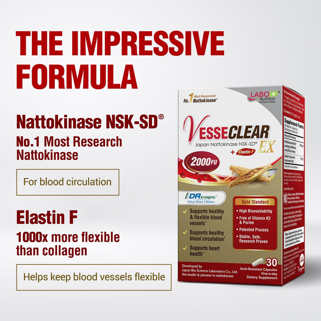 LABO Nutrition VesseCLEAR EX Nattokinase NSK-SD & Elastin F - 90 Capsules - image 6