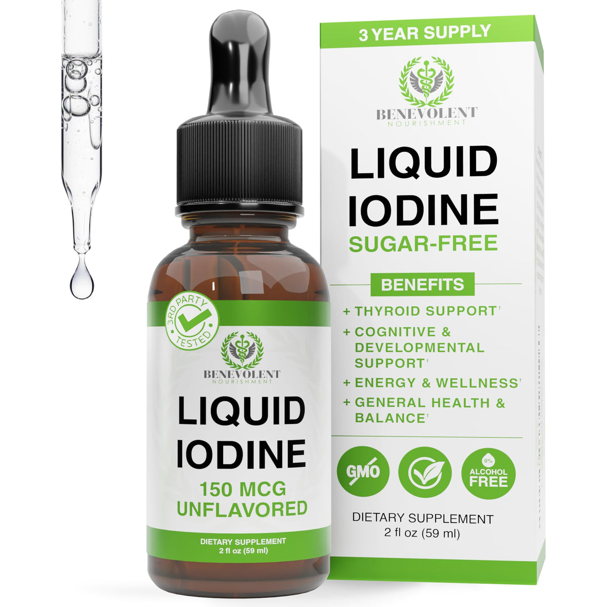 Benevolent Nourishment Liquid Iodine Drops Thyroid Support - 2 Fl Oz