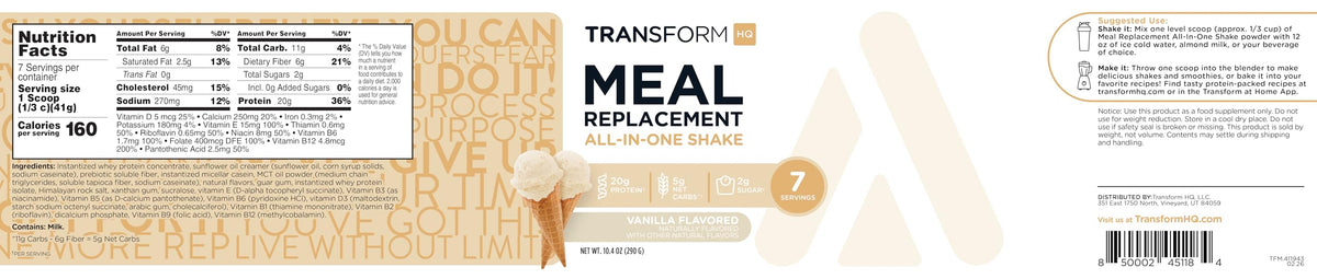 TransformHQ Meal Replacement Shake Powder 7 Servings (Peach Milkshake