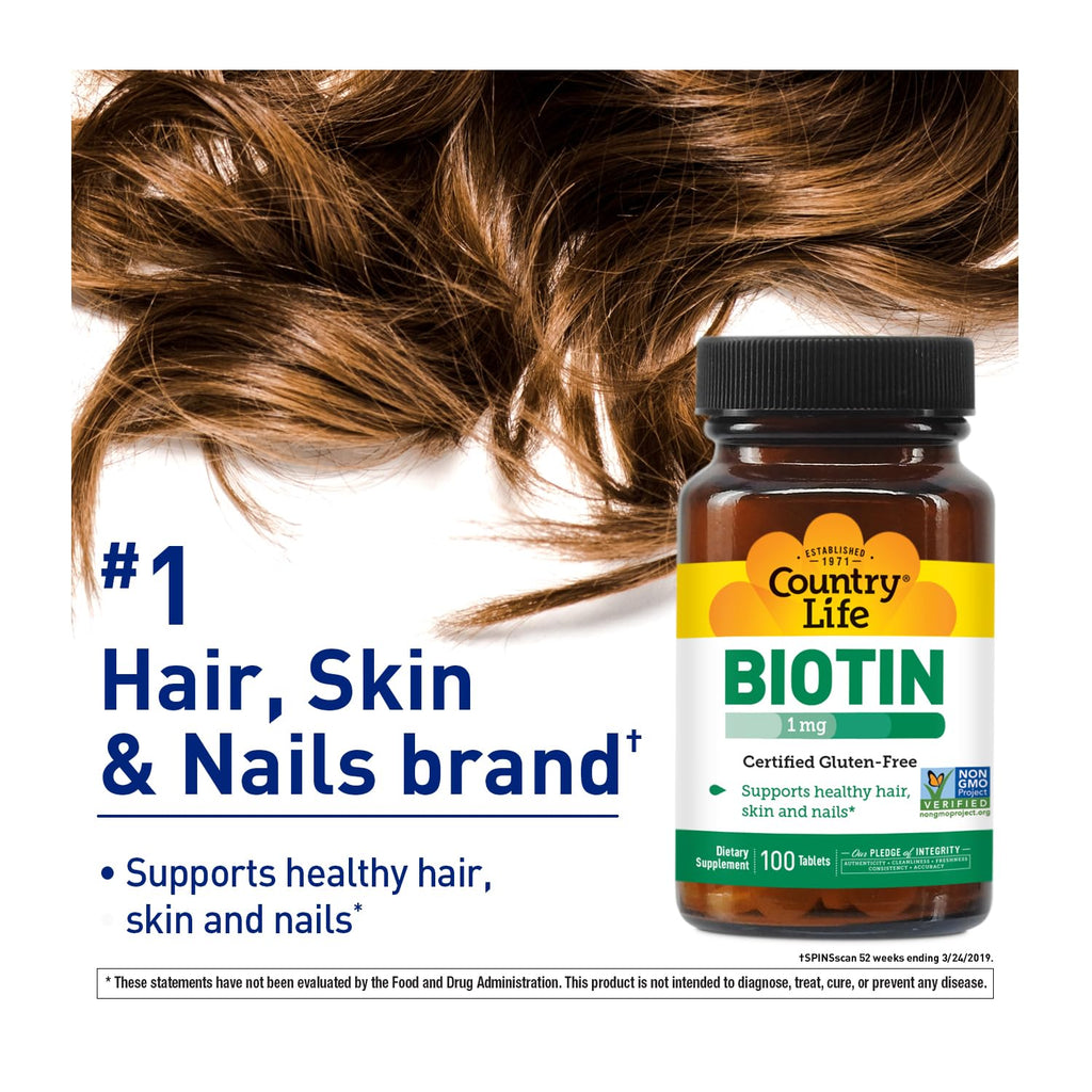 Country Life Biotin 1mg Supports Healthy Hair, Skin & Nails - 100 Tablets - image 2