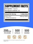 BulkSupplements Vitamin B12 Methylcobalamin 200mcg - 500 Capsules - image 2