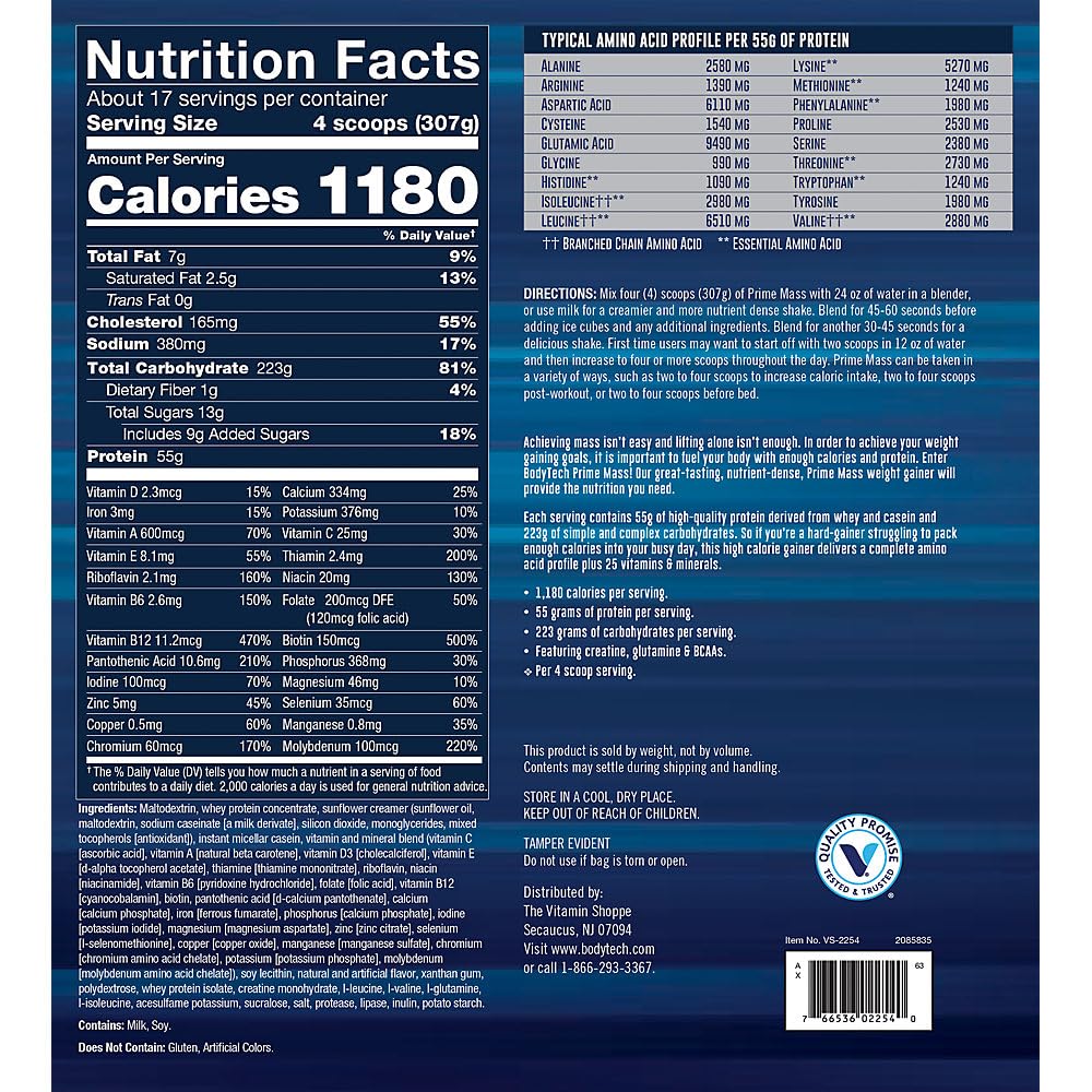 BodyTech Prime Mass Weight Gainer Vanilla - 12 lb - image 2