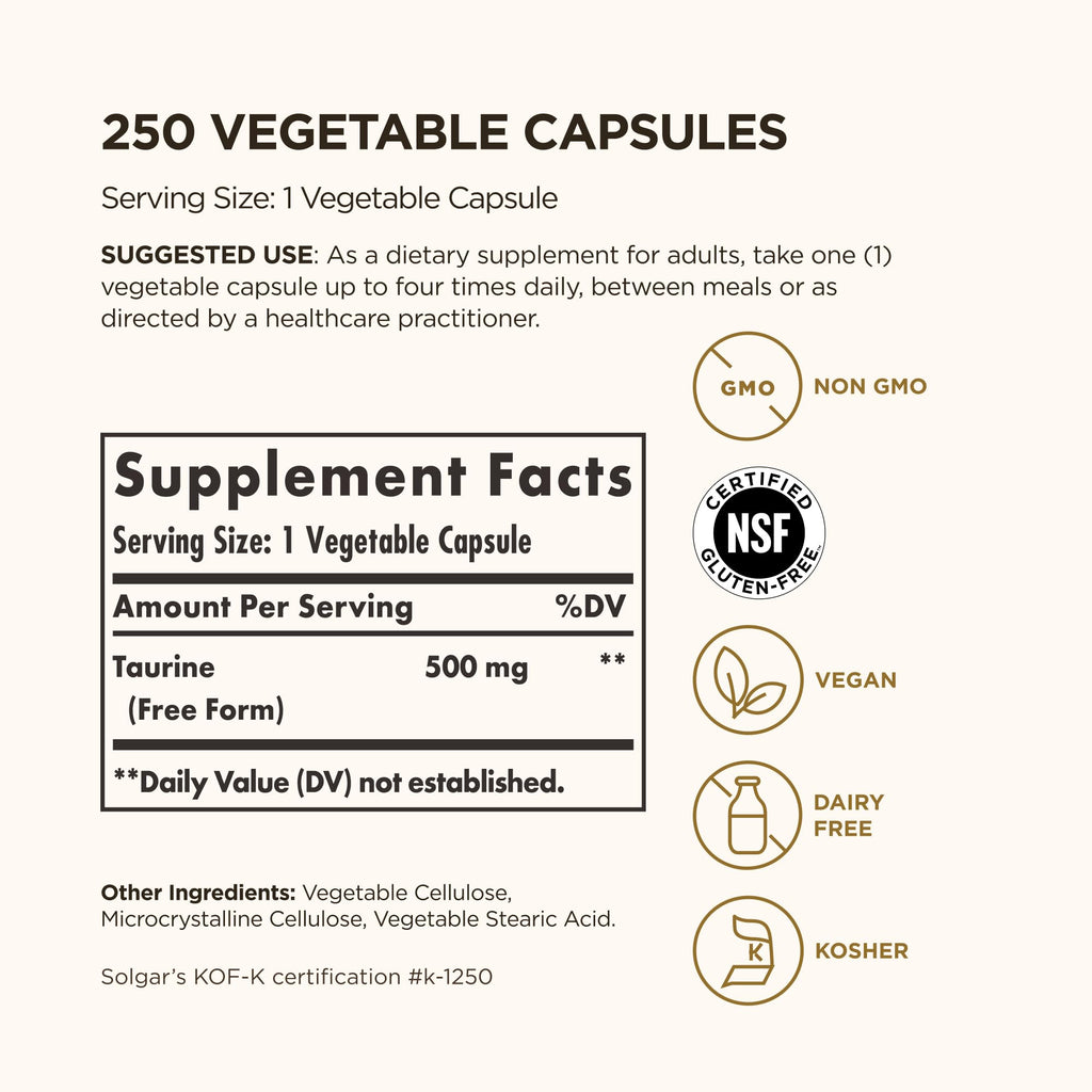Solgar Taurine 500 mg - 250 Vegetable Capsules - image 2